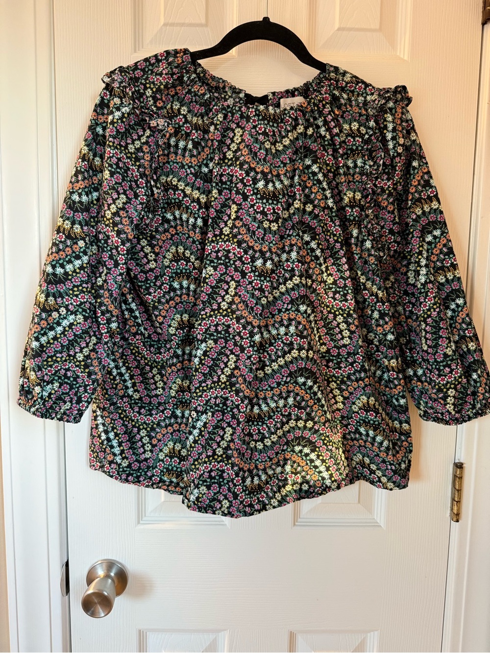 LOFT Black Floral Smocked-Neck Blouse